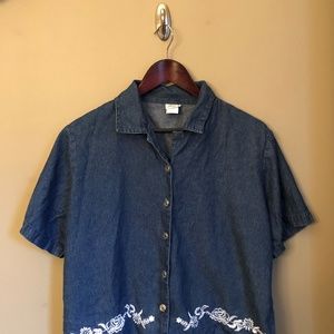 Short Sleeve Denim Blouse w/ Embroidery